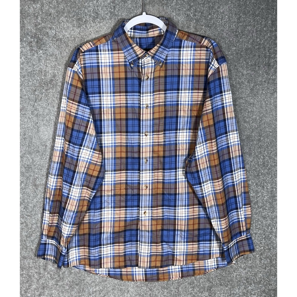 Jos A Bank Travelers Button Down Shirt Mens Size Large Brown Blue Plaid Pocket